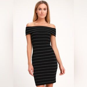 Lauren Ralph Lauren Black Metallic Stripe Off Shoulder‎ Dress Large Office Siren